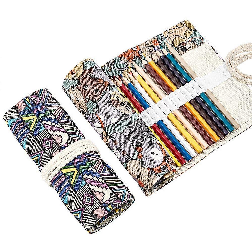 2Pcs 2 Style Pattern Handmade Canvas Pencil Roll Wrap Roll Up Pencil Case for Coloring Pencil Holder Mixed Patterns 46x20cm 1pc/style