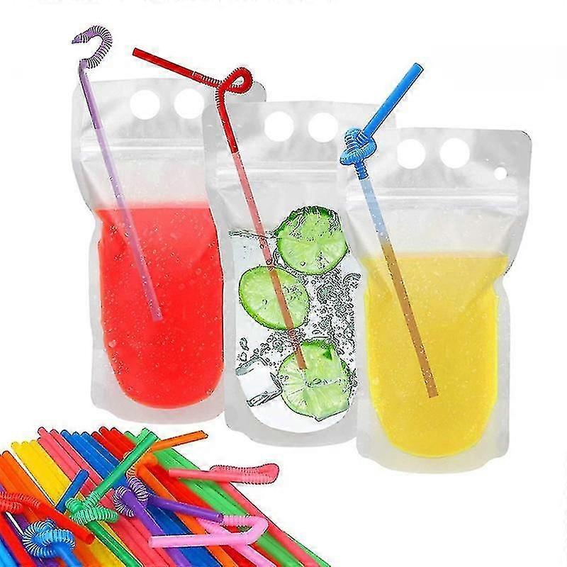 100pcs Clear Drink Pouches Reusable Drinks Bags Portable Stand-up With Straw