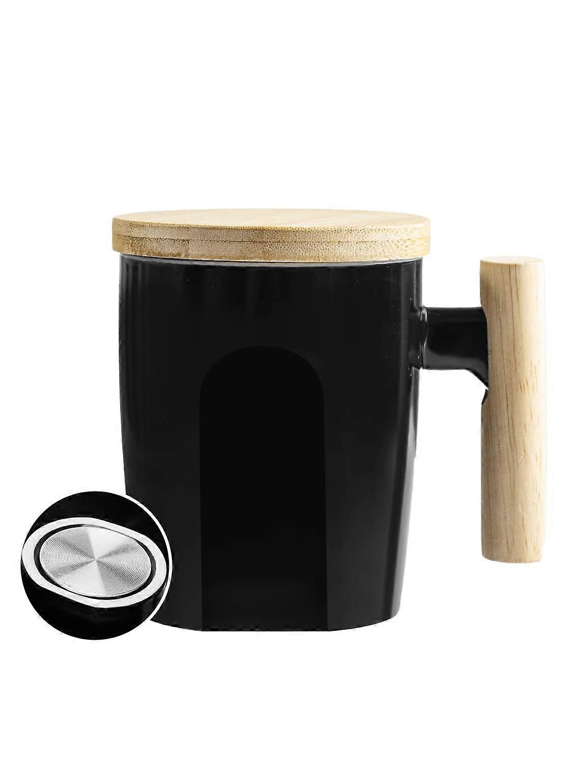 Ceramic Mug with Wooden Handle, 14oz Flat Bottom Coffee and Tea Cup, Durable Kitchen Drinkware