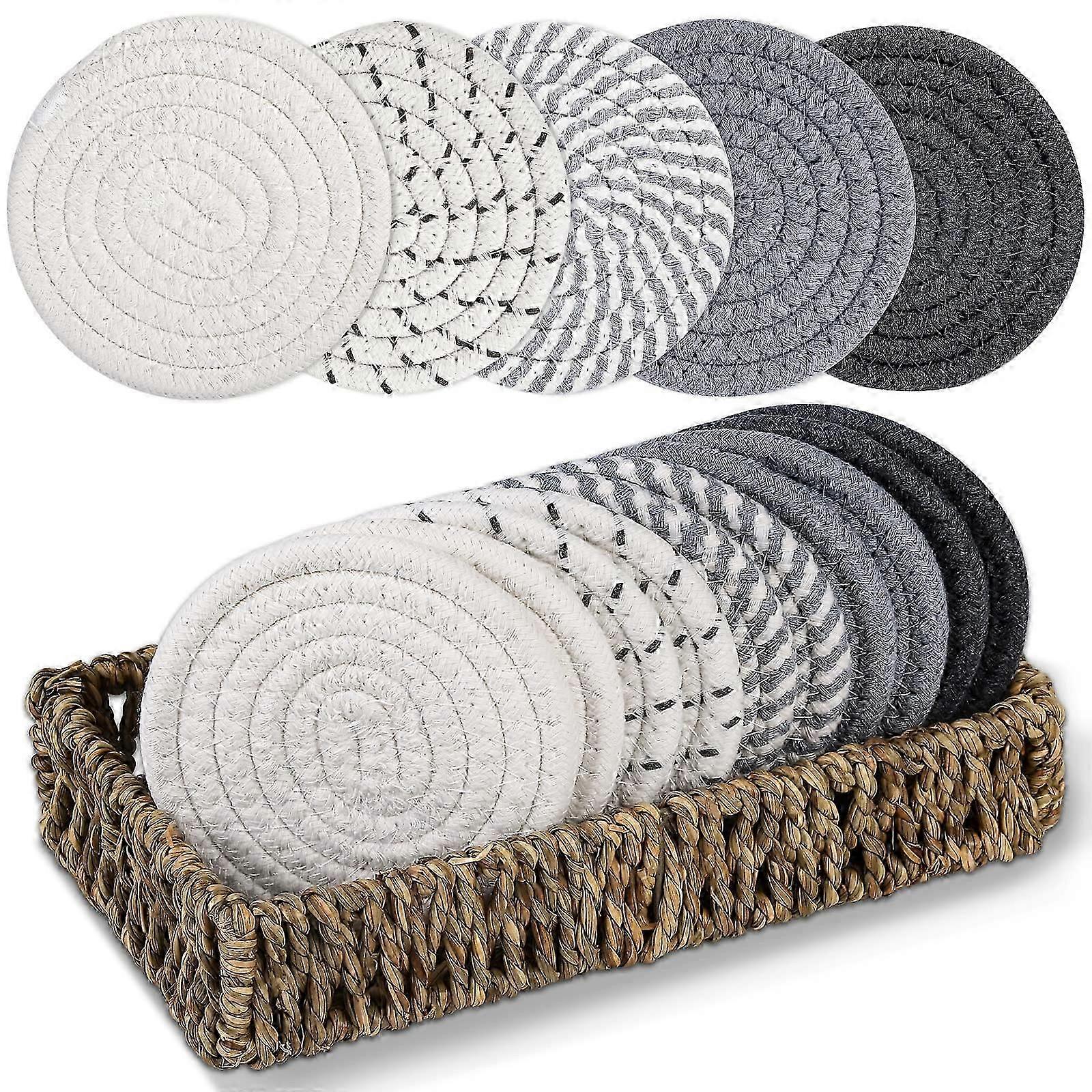 Absorbent Drink Coasters, Cotton Woven Set with Basket(10 PCS)