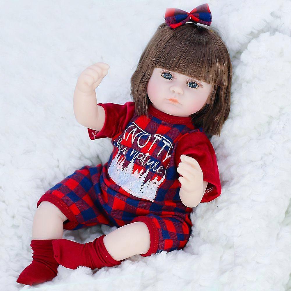 42cm grid red# Rebirth doll simulation baby toy parent-child interaction soothes sleep environment-friendly soft rubber doll 42cm