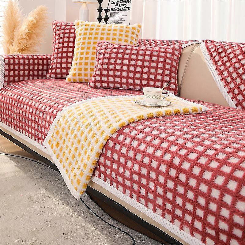 Short Plush Lattice Style Sofa Towel Thicken Quilted Sofa Cover Slip Resistant Couch Cover 1/2/3-seater Sofas for Living Room