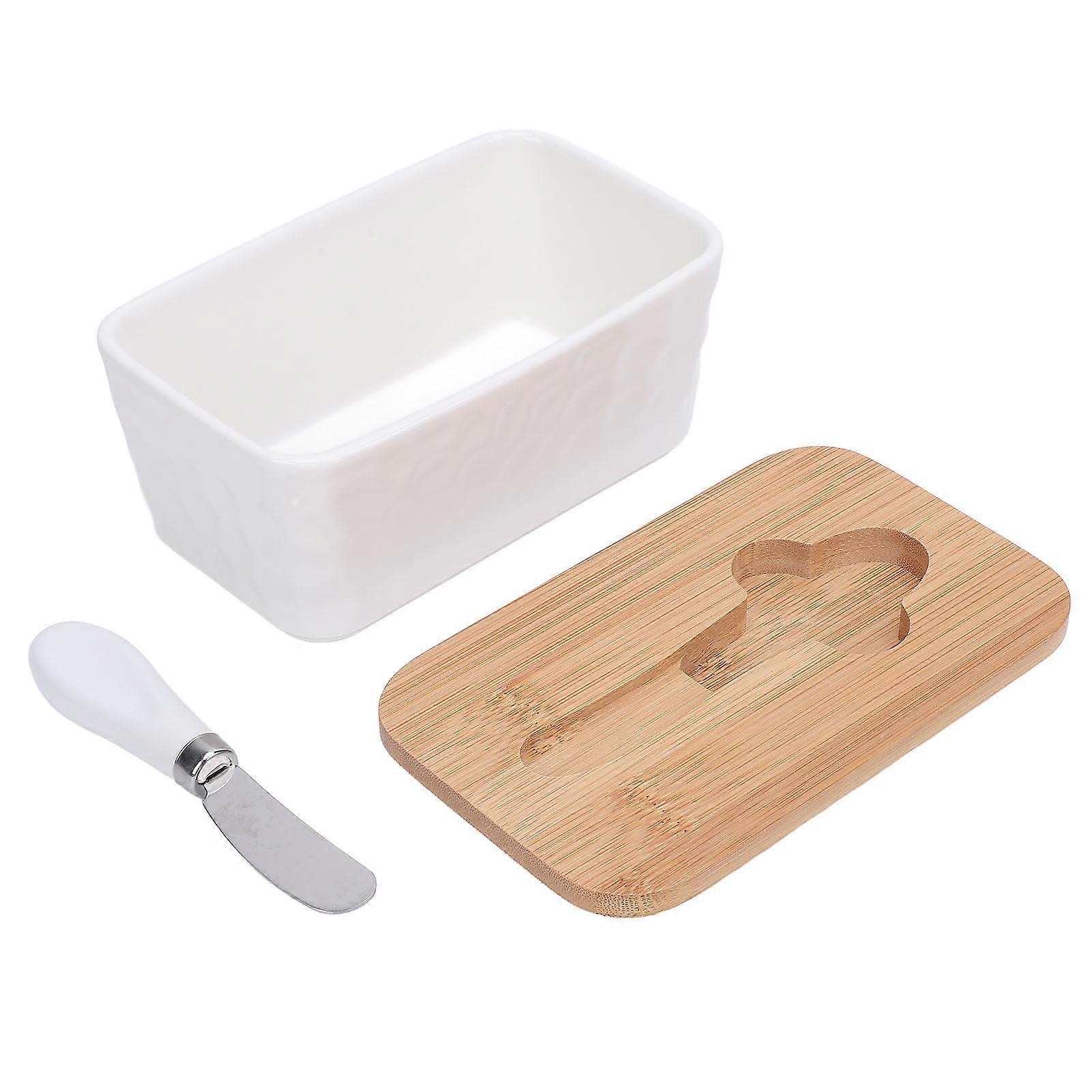 600ml Ceramic Butter Dish with Lid Butter Keeper Butter Container With Cutter for Kitchen Countertop White