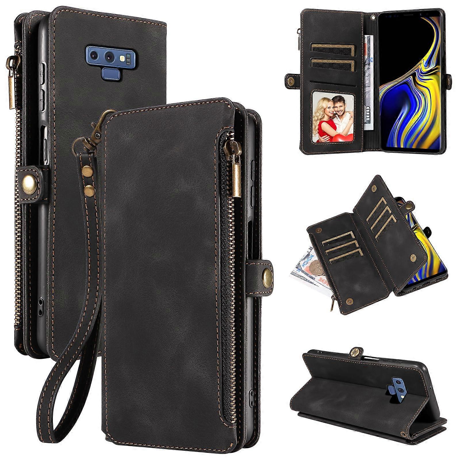 Compatible with Samsung Galaxy Note 9 Wallet Case with Zipper for Credit Cards, Leather Material, Black Color