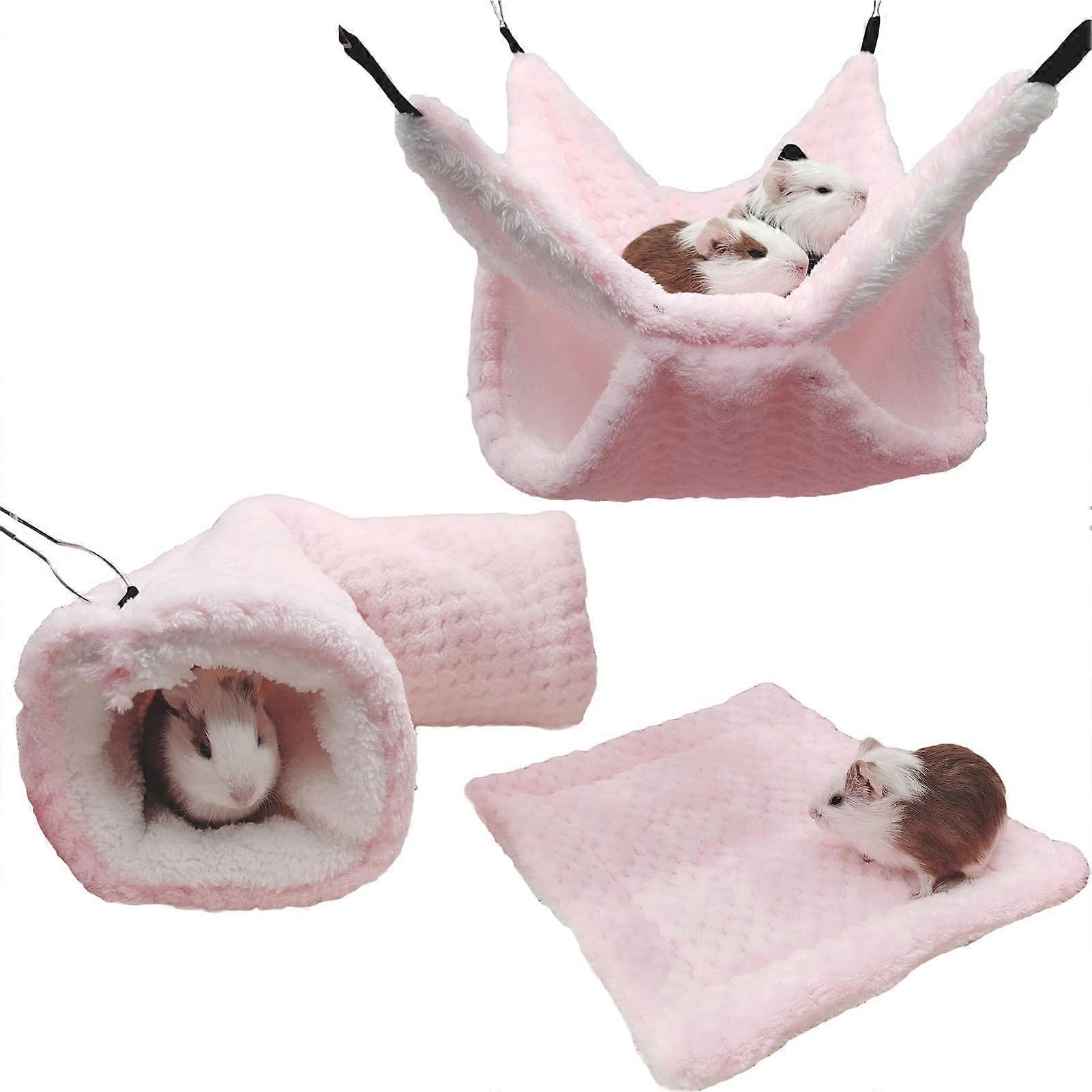 Plush Hamster Hammock Set - 3 PCS Candy Color Hanging Cage Accessories for Guinea Pig, Rat, Gerbil, Squirrel, Birds (Pink)