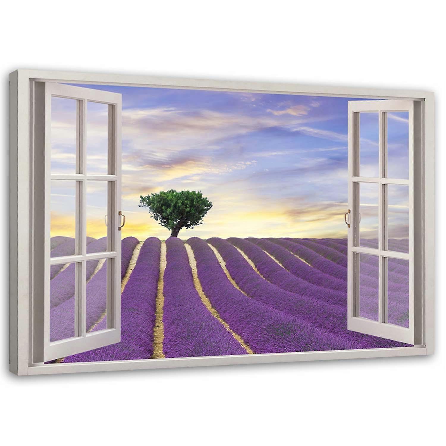 Fotobehang, Raam - lavendelveld - 60x40