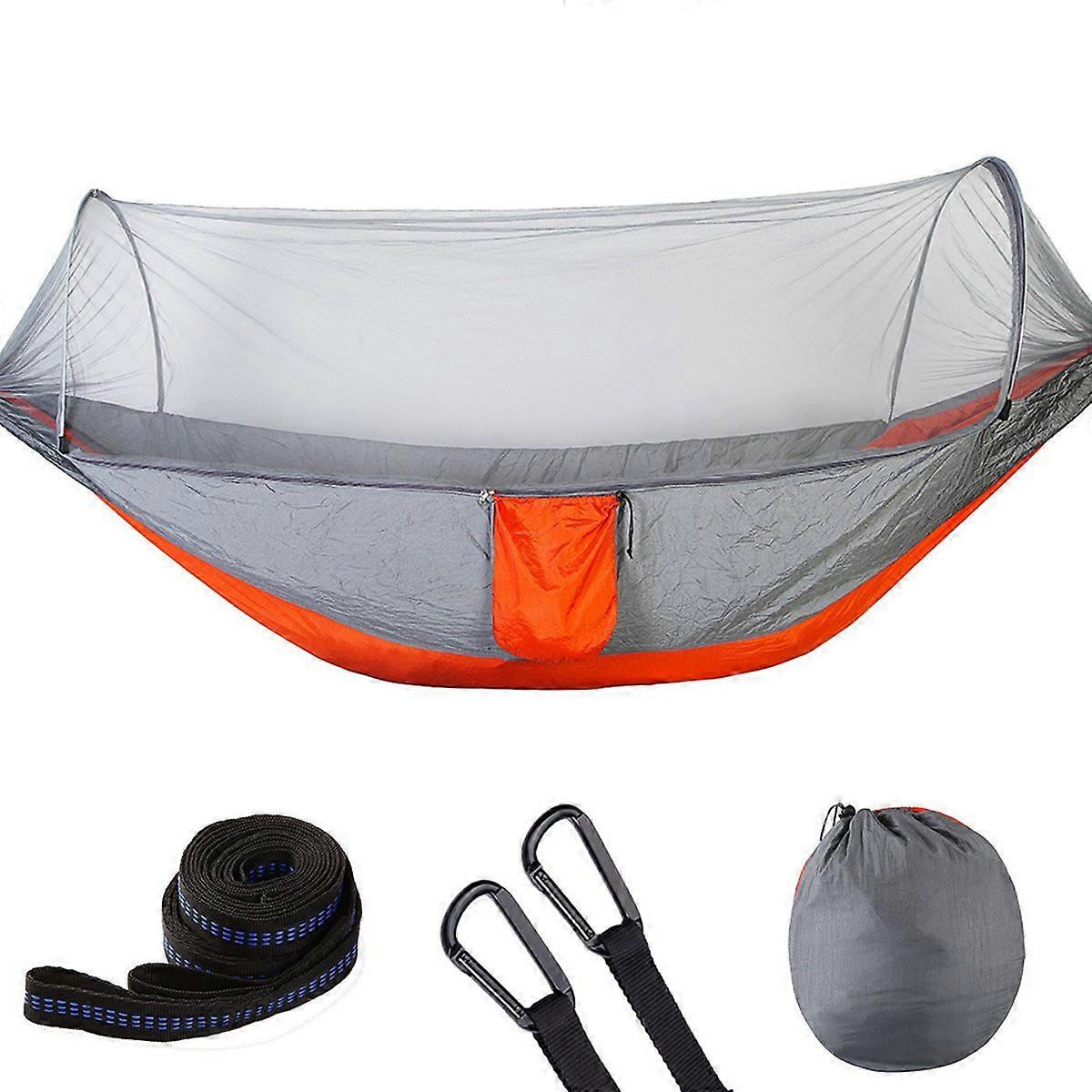Gray-orange automatic quick-open camping hammock with mosquito net, suitable for outdoor hiking and backpacking