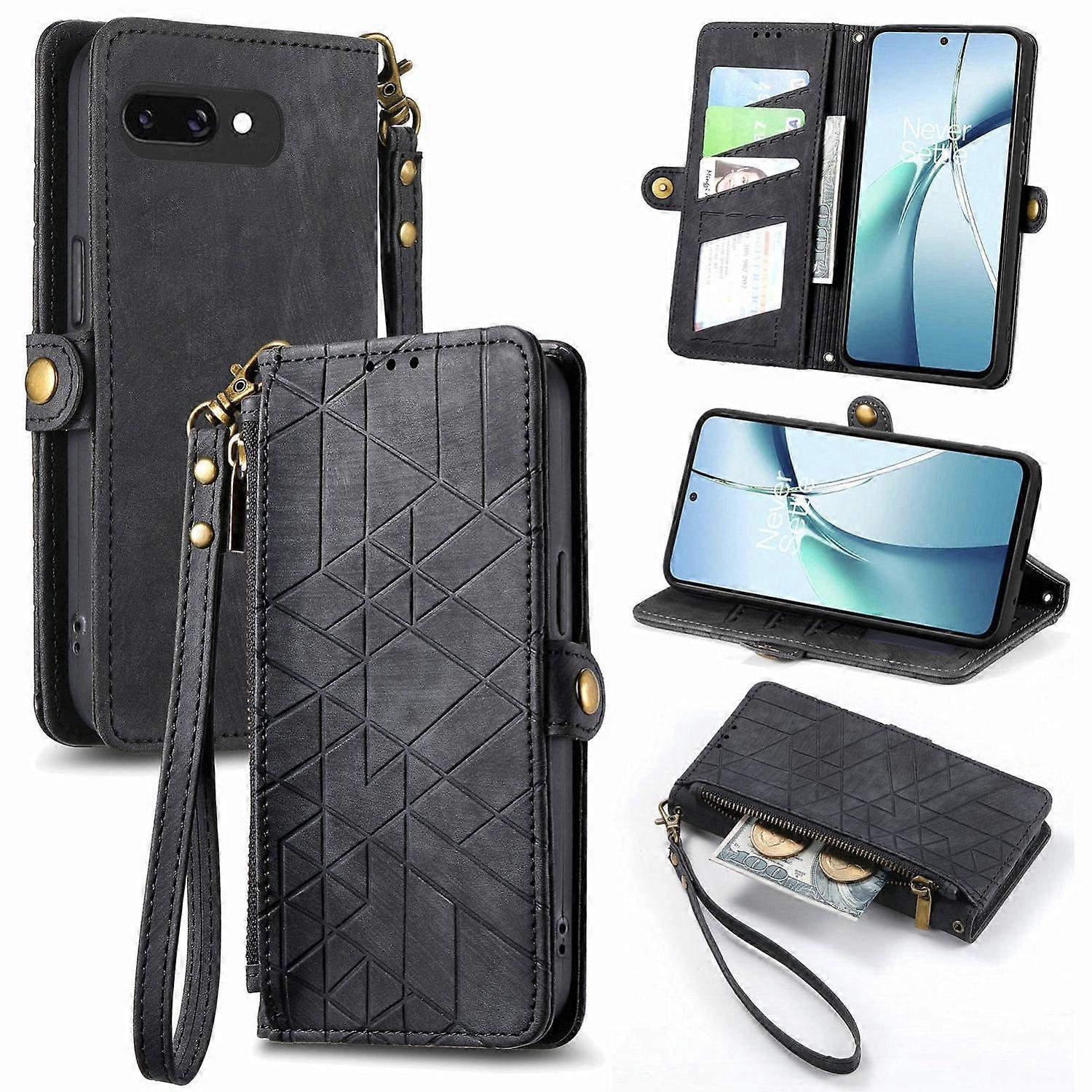 For Google Pixel 9a Faux Leather Design Zipper Wallet Case Black
