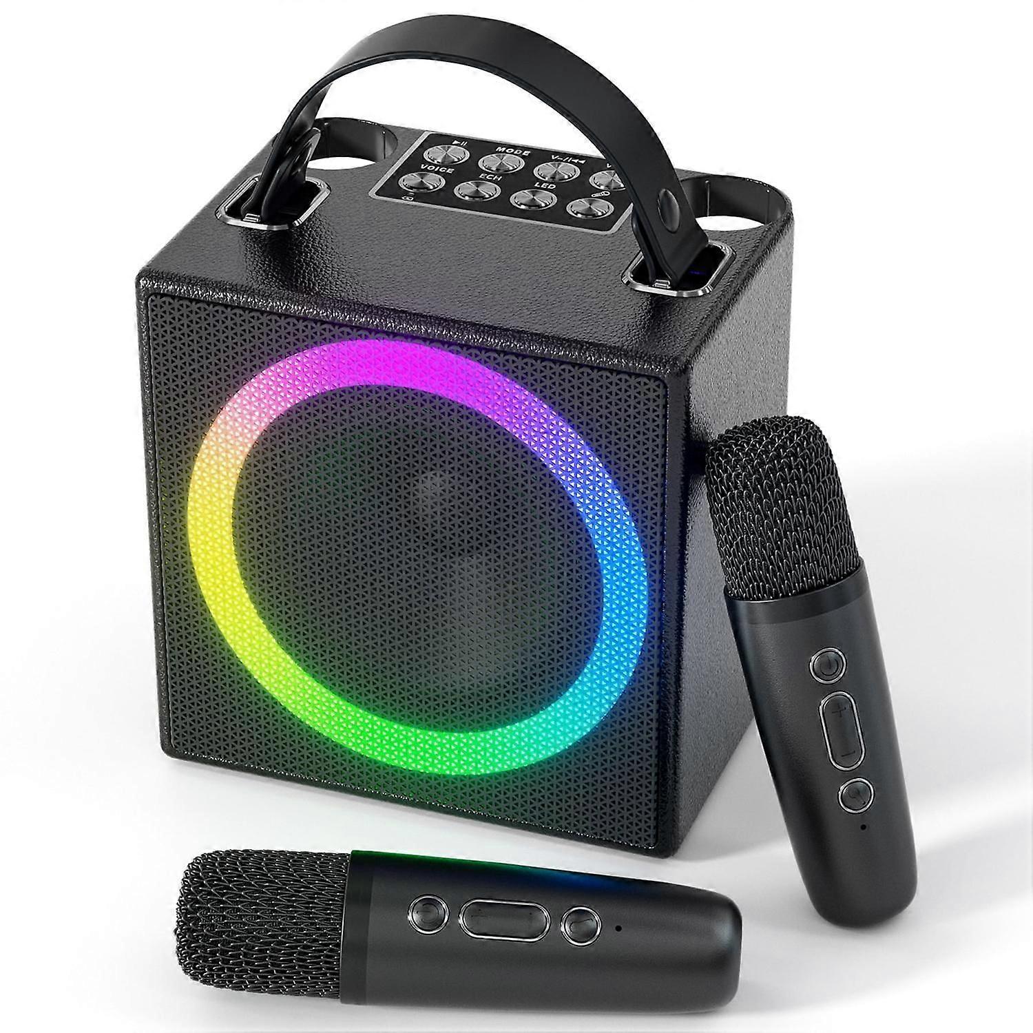 Karaoke stroj se 2 bezdrátovými mikrofony, zpívající stroj s LED náladovým světlem Bluetooth přenosné karaoke, černá