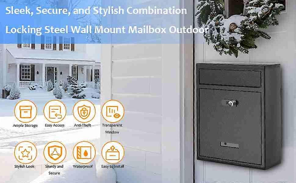 16" Wall Mounted Mailbox with Combination Lock, Steel, Anti-Theft, for Home, Office and School