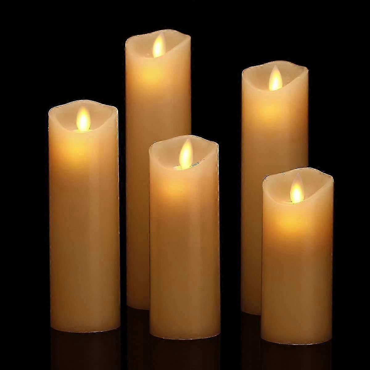 Led Candles,set Of 5 (10,12,15,17,19 Cm, Ivory), Real Wax. With Realistic Flickering Flames, Remote Control With 10 Function Menus, 24 Hour Timer