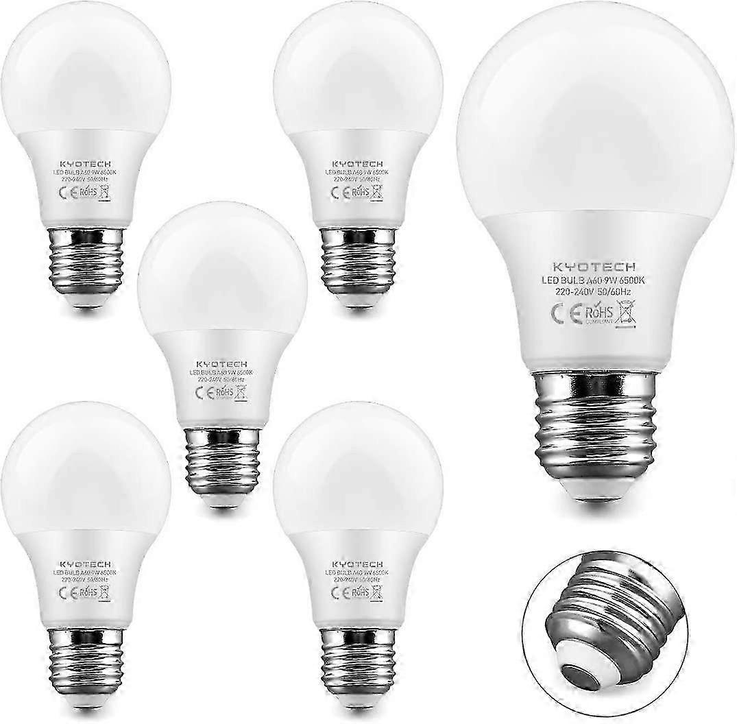 6 sets of standard LED bulbs E27 base 9W equivalent to 75W cool white 6500K 780LM, A60 LED bulb classic shape 220 degree angle