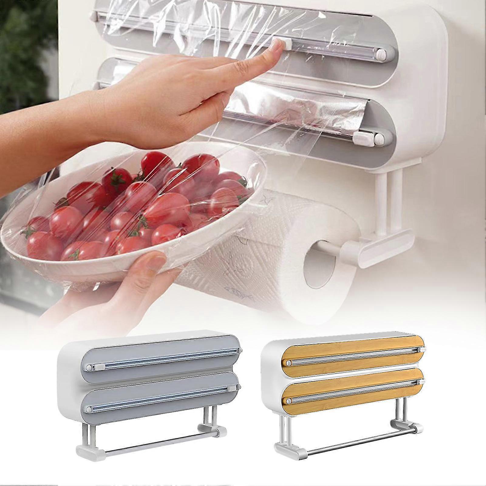Kitchen Organizer with Cling Wrap Dispenser, Double-Layer Large Capacity, Multi-Size, Grey