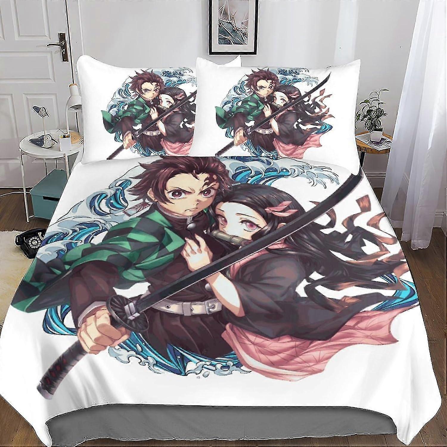 Conjunto de capa de edredom estilo Demon Slayer 3D Anime Capa de edredão Conjunto de cama de microfibra macia com fronha, para adolescentes