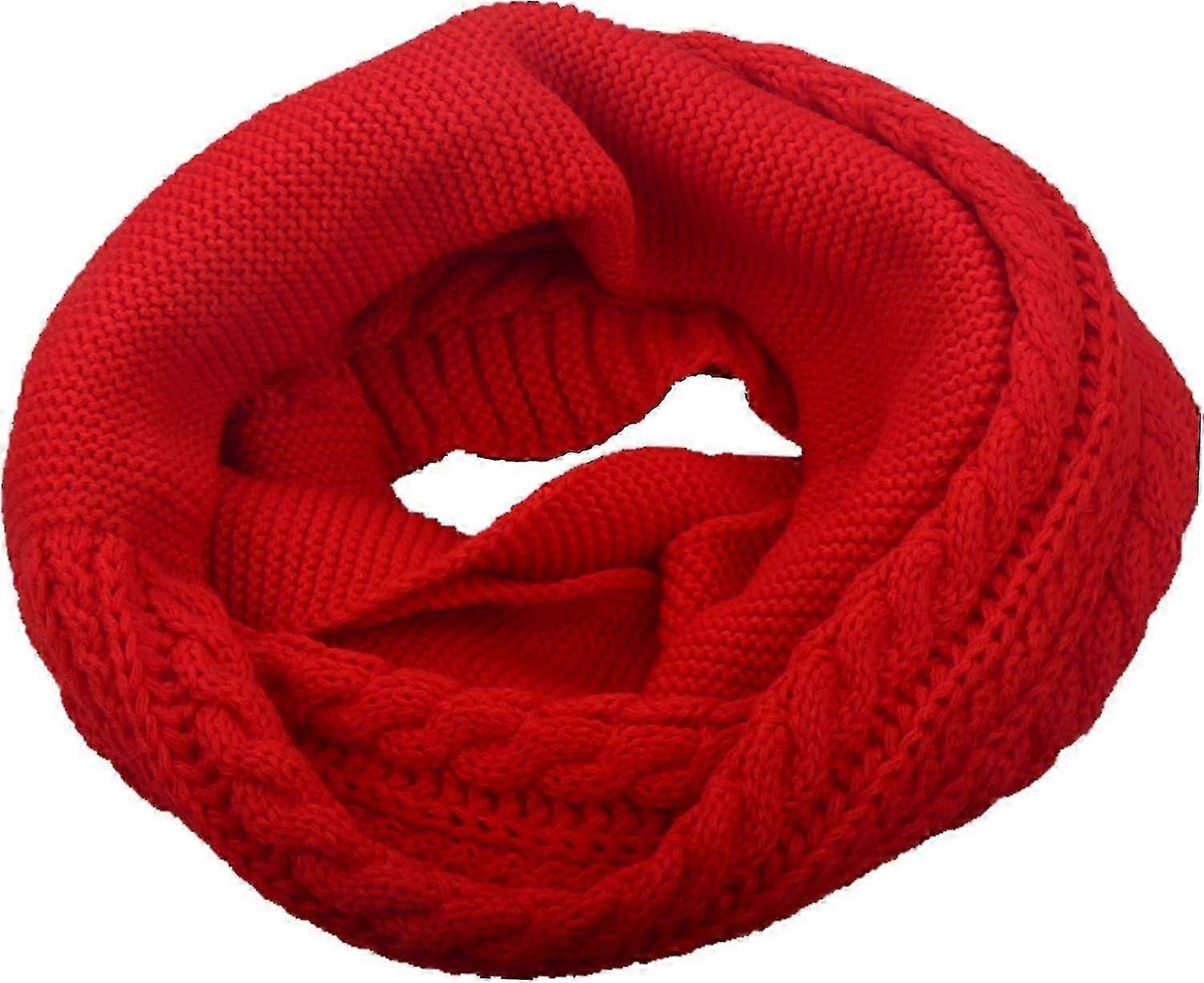 Womens Thick Ribbed Knit Circle Loop Scarf  Crochet Red
