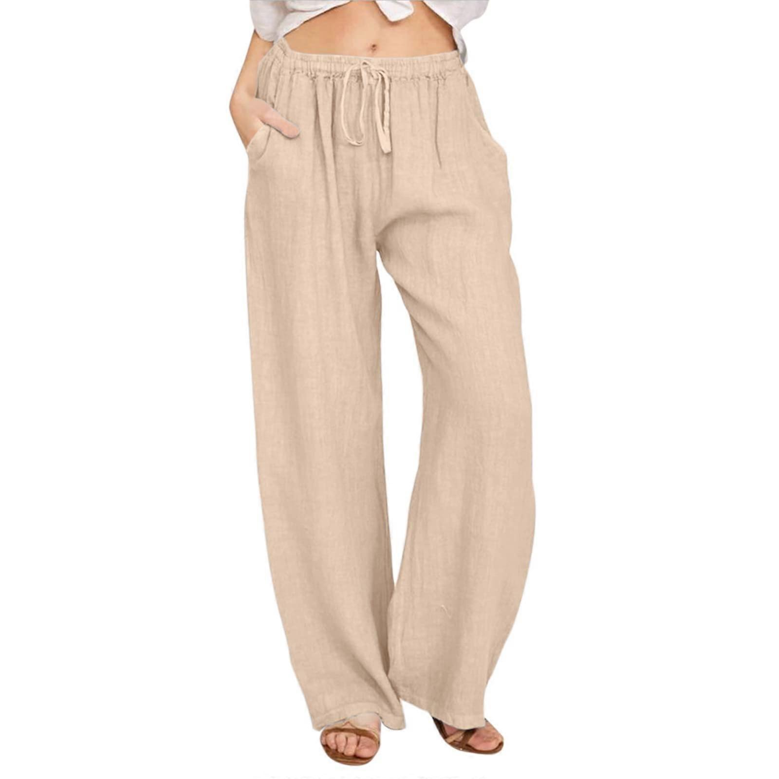 Linen trousers women's summer, lightweight cotton, loose with drawstring and pockets, cotton linen trousers A02 khaki M