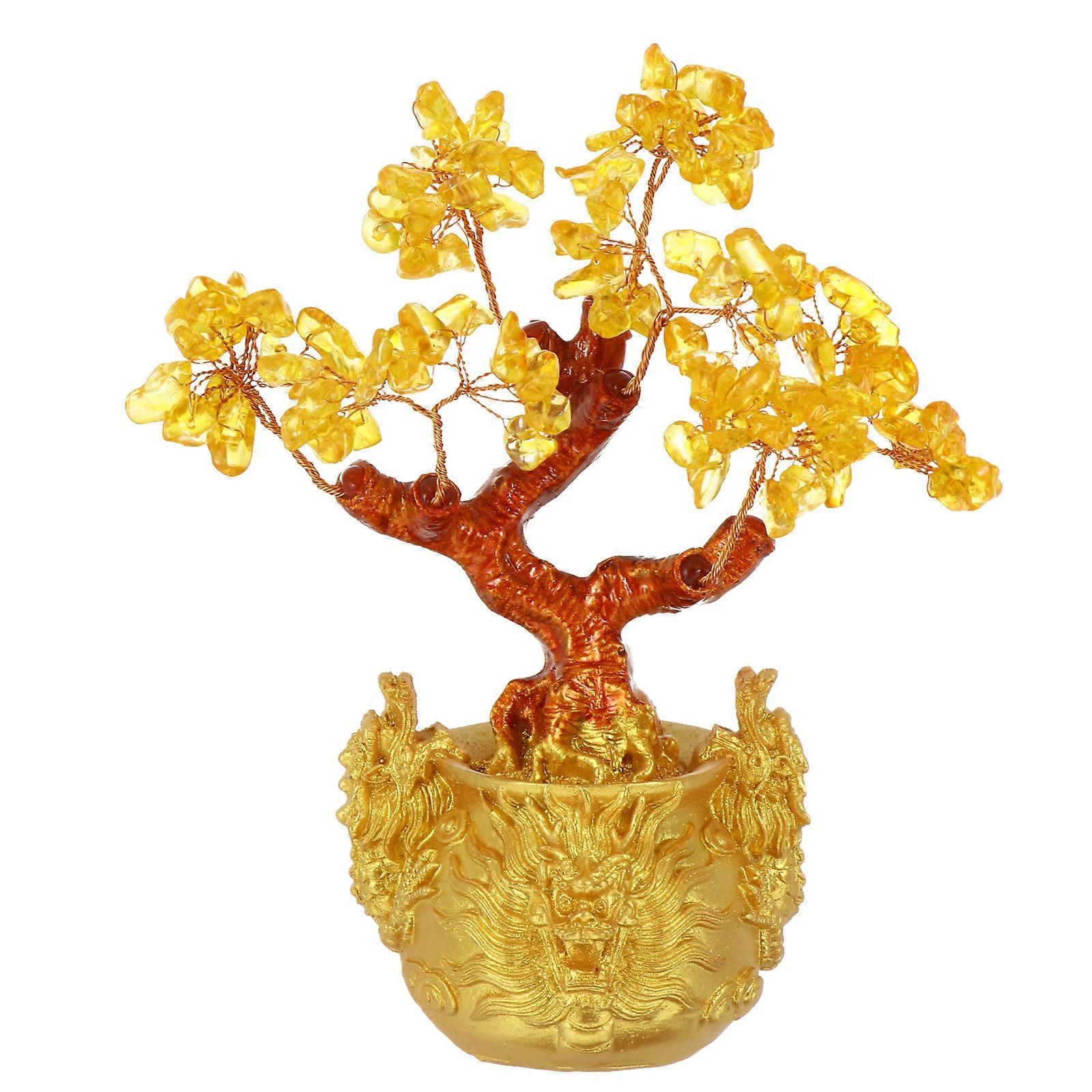 Golden Crystal Money Tree Decor Resin Bonsai Style Desktop Ornament for Home