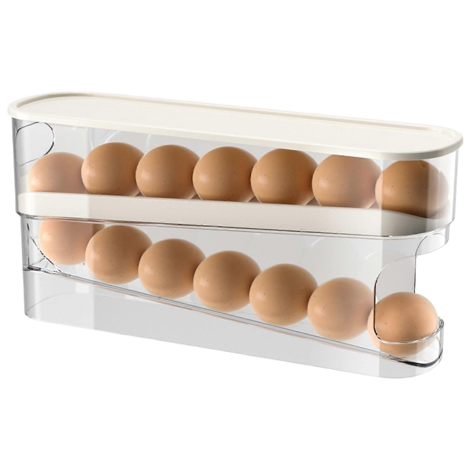 2-Tier Egg Holder Dispenser for Refrigerator, Stackable White Egg Storage with Lid, Holds 12-14 Eggs, Space-Saving Design