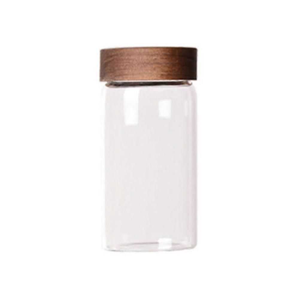 1pc Glass Sealed Box Container Round Shape Wood Lid Transparent for Kitchen Home (80x150mm 580ml)