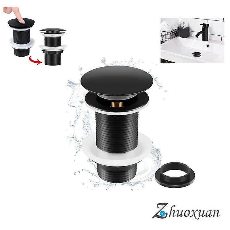 Black sink drain without overflow, universal and automatic, countertop sink drain plug, elegant and practical design.