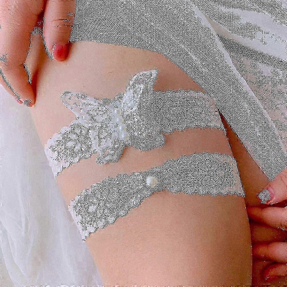 Giarrettiere da sposa elasticizzate in pizzo bianco a farfalla, 2 pezzi