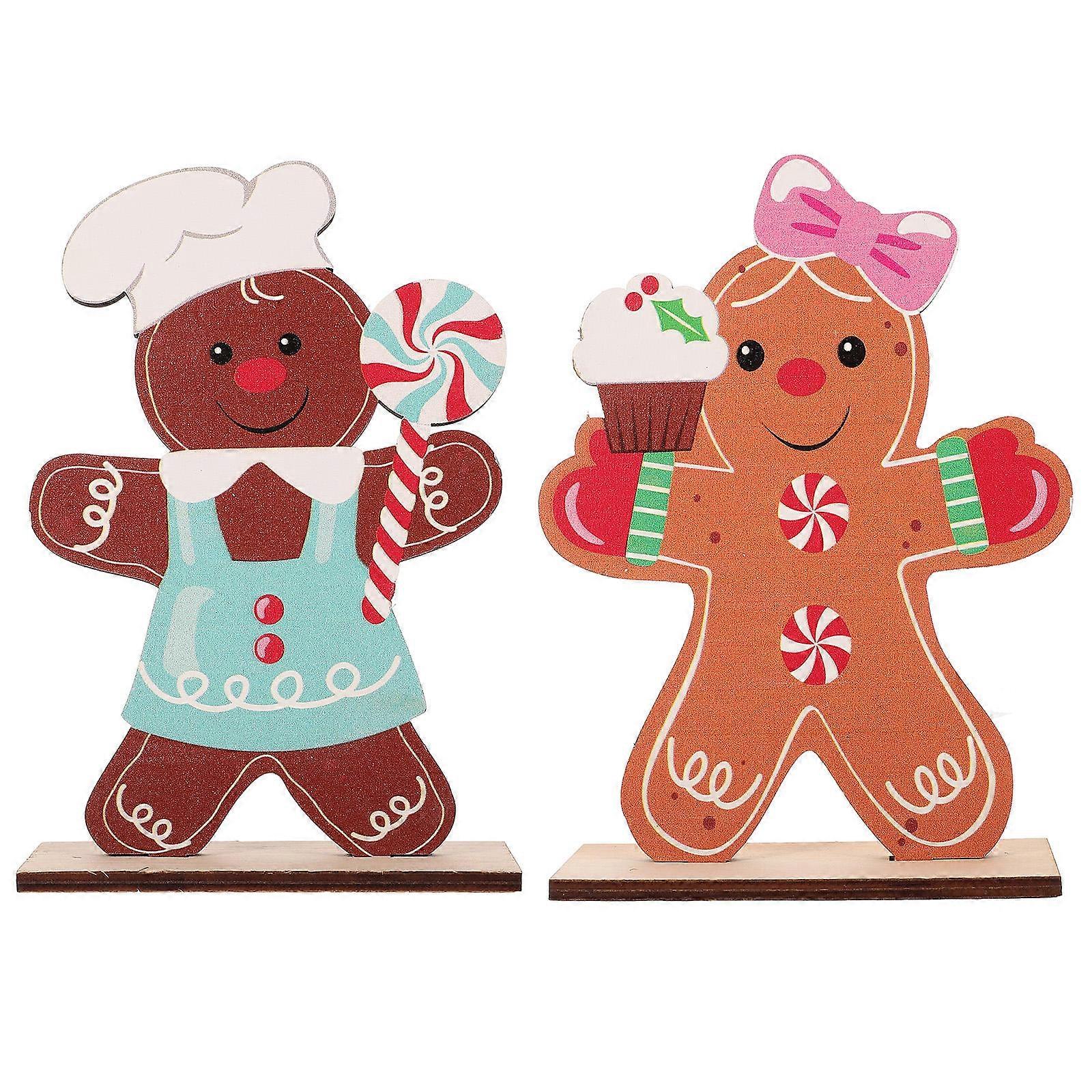 Gingerbread Man Wooden Ornaments for Decoration 2Pcs with Lollipop Design