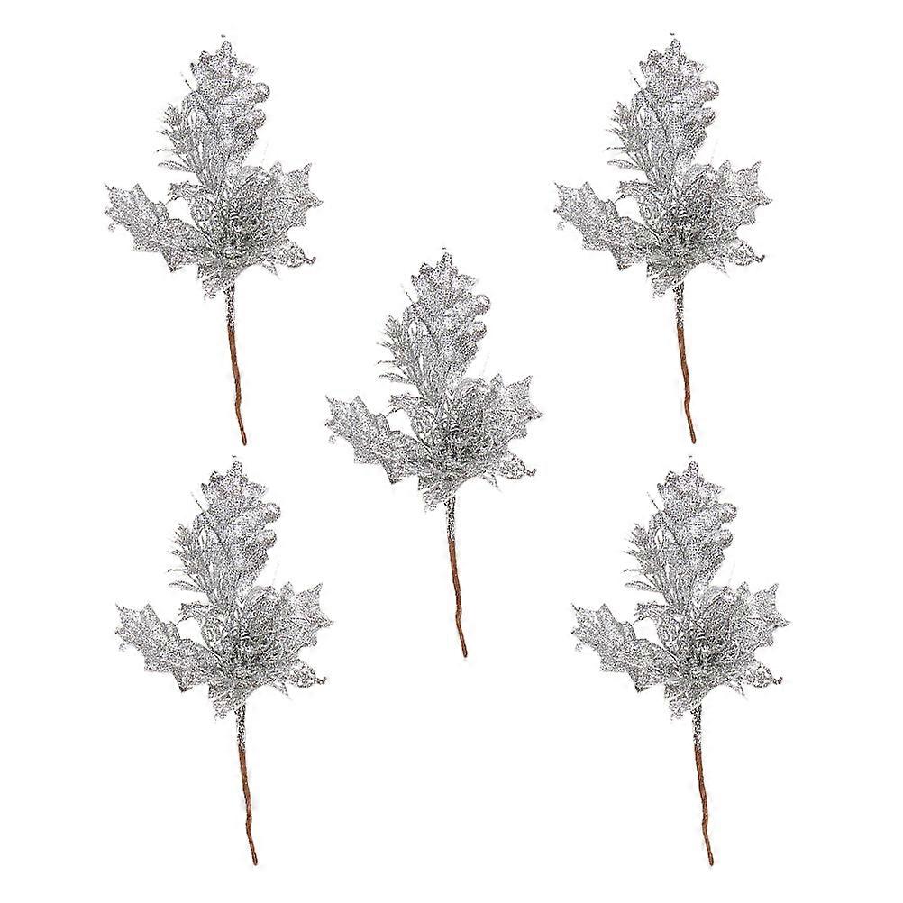 Silver Artificial Glitter Leaves Christmas Picks Decoration 10Pcs Set