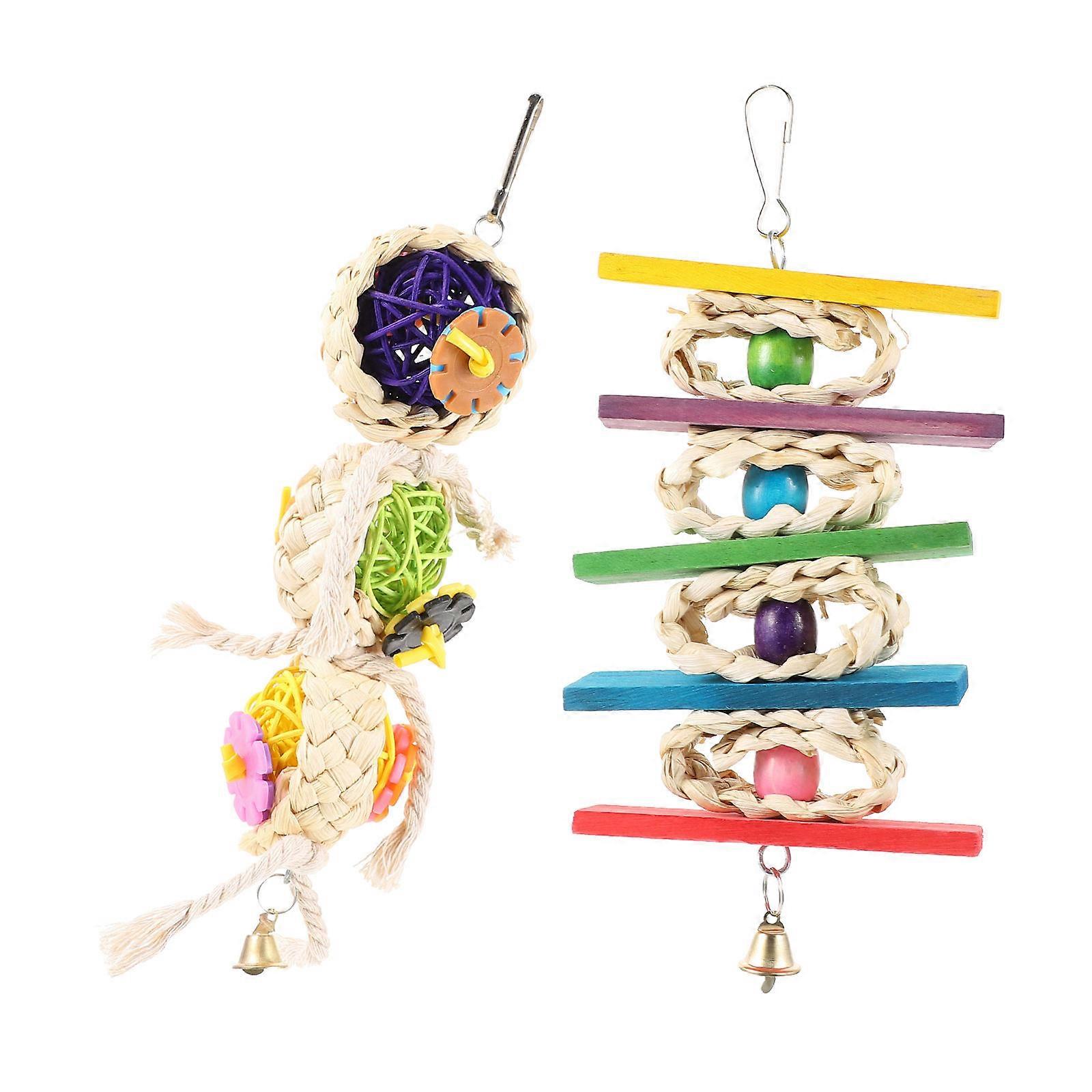 Rattan Woven Parrot Bite Toy Durable Entertainment Set 2Pcs Assorted Color for Pets
