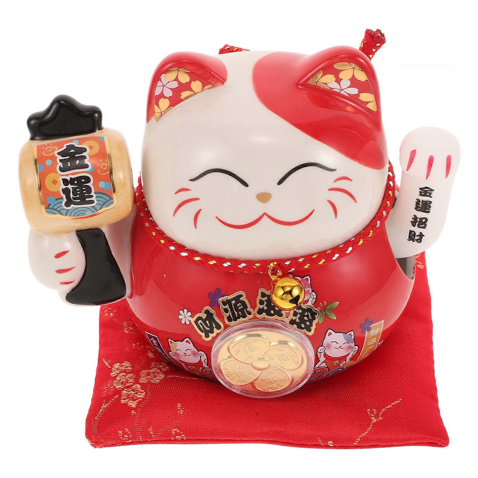 Red Ceramic Waving Paw Cat Statue for Office Decor 3Pcs Collection