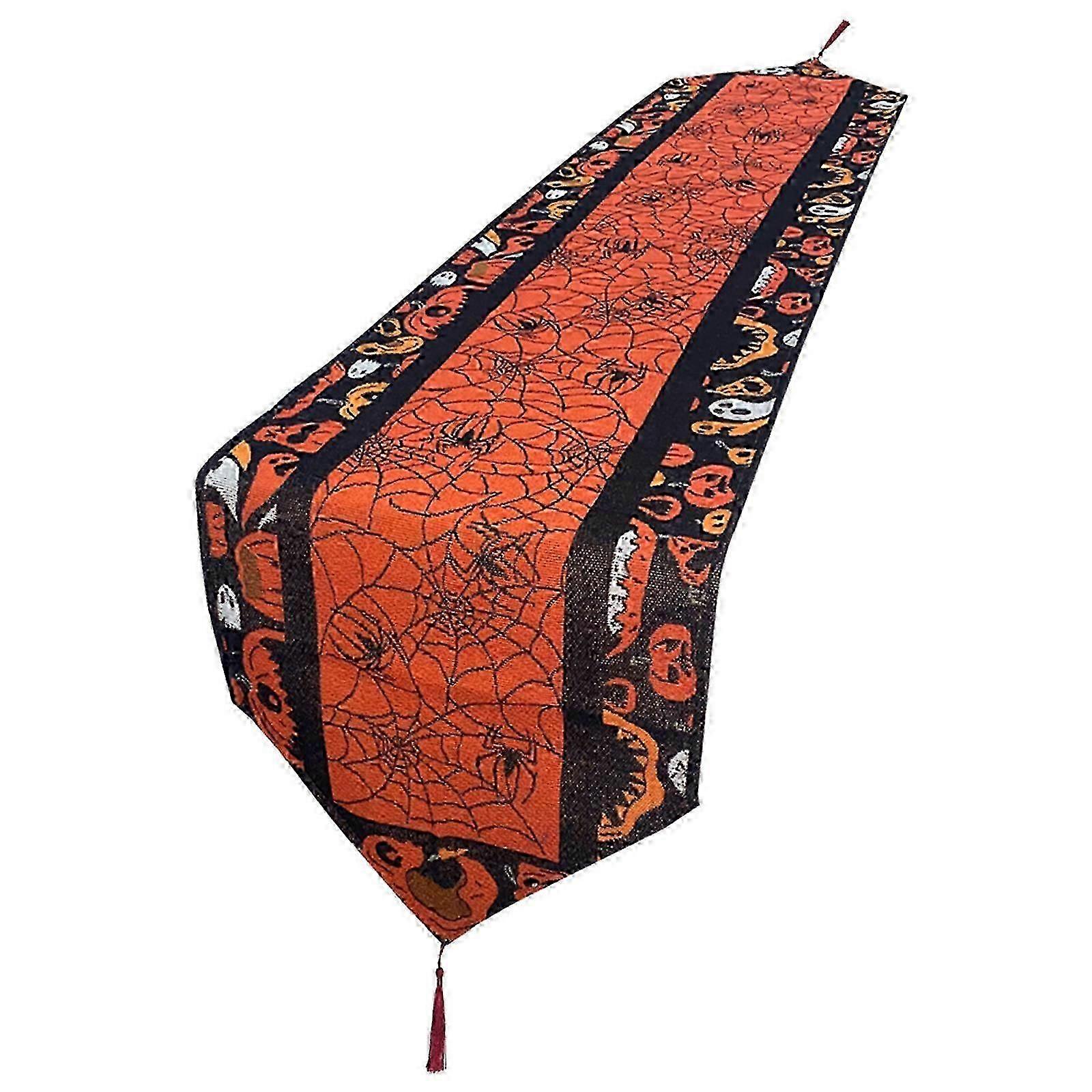 For Halloween Cobwebs Pumpkin And Linen Table Runner With Pendant Suitable For Long Tables Or Candlestick Decoration Size 70.8x12.9Inches