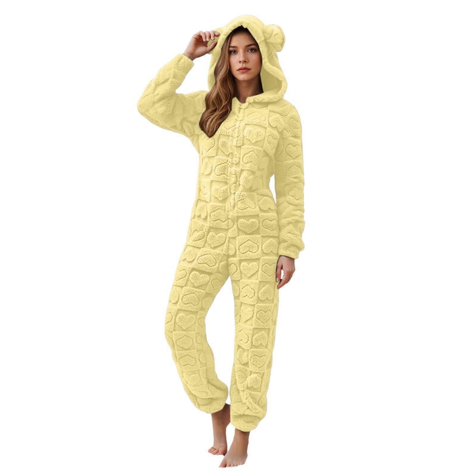 Pyjama polaire pour femme, combinaison chaude et confortable, une pièce, avec capuche, jaune, taille XL