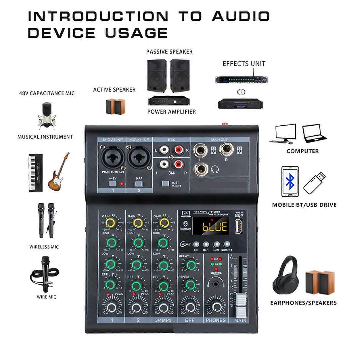 Professional Digital DJ Mixer Console 4 Channel Audio Mixer with USB Port Supports Bluetooth Connection Playback Black