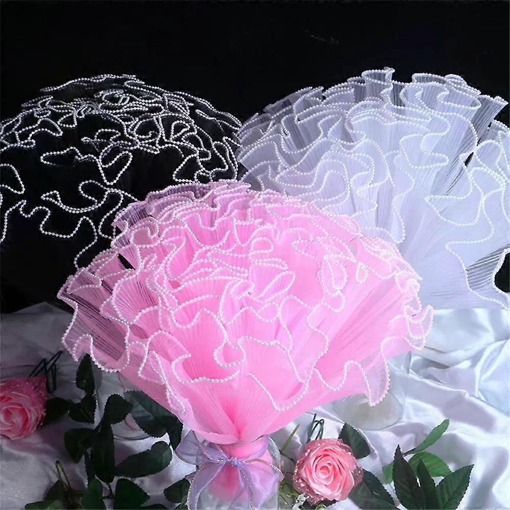 White Floral Packaging for Bouquets Including Decorative Mesh Wrapping Paper Pearl-Edged Wrapping Paper Wrinkled Wave Mesh