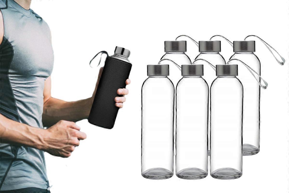 6Pcs 500ml Glass Sports Water Bottle Set With Cord Handle Juice Beverage Storage