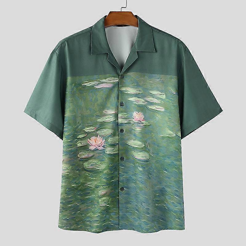 INCERUN Oversized Men Lapel Short Sleeve Stitching Print Casual Shirts