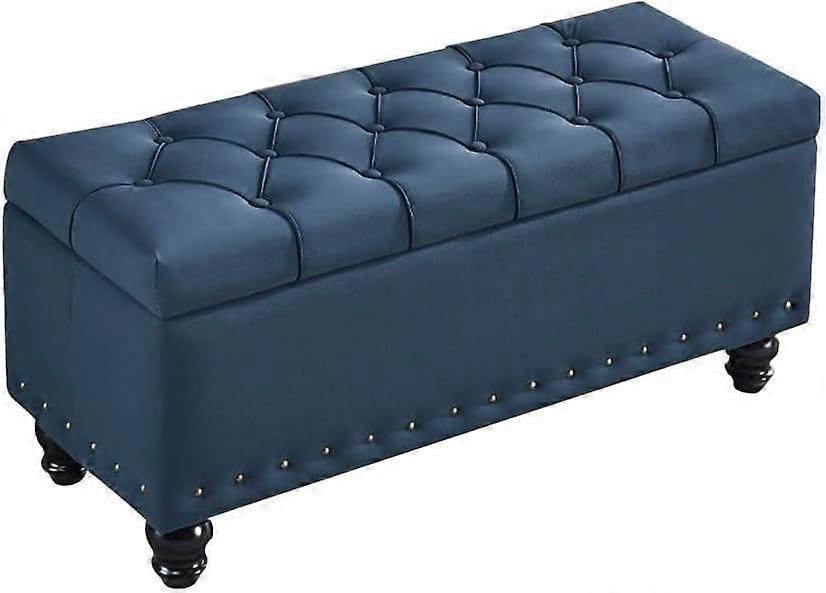 Retro Rectangular Ottoman Shoe Storage Bench with Safety Lift  and Wooden Legs for Hallway 120cm Blue
