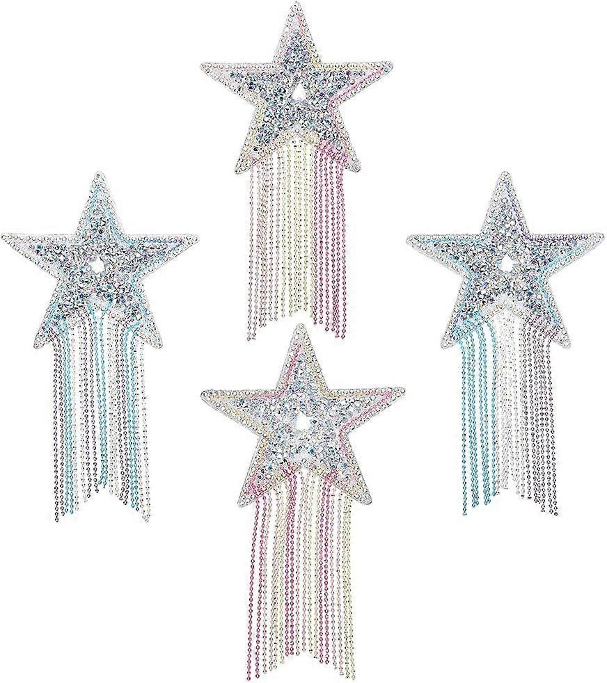4 Pcs Star Rhinestone Patches with Chains Tassel 4 Styles Five-Pointed Star Iron on Patch Rhinestone Stars Tassel Repair Applique for Clothes Hats Jea
