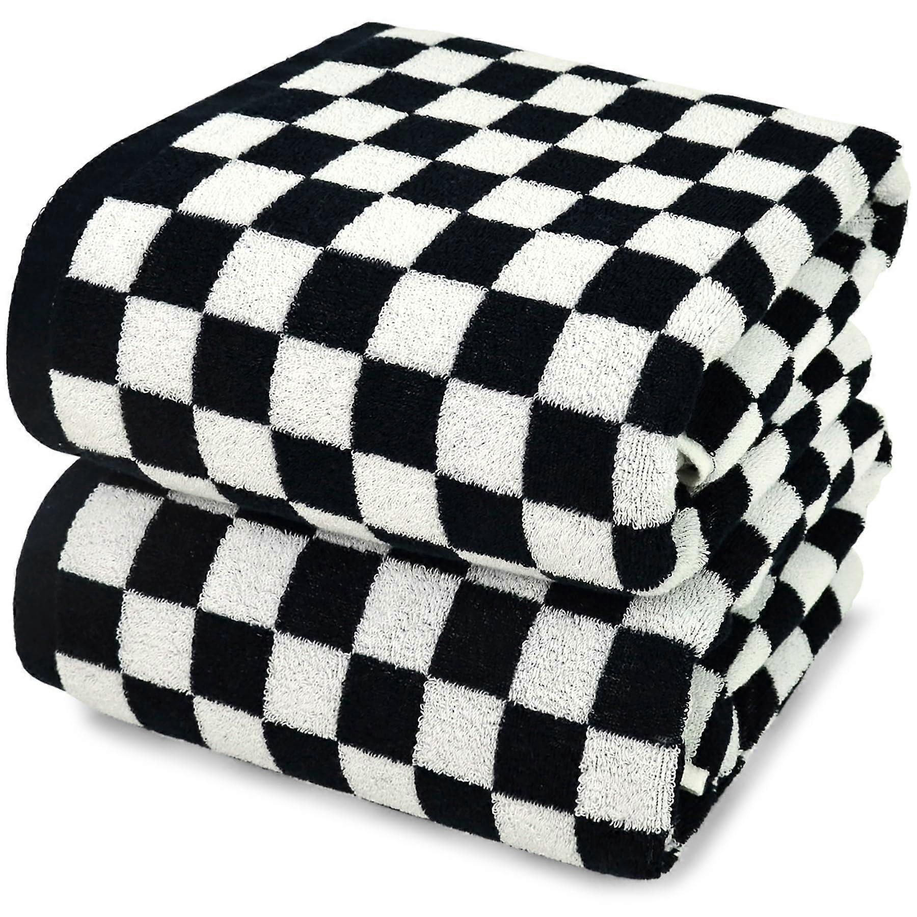 Black and White Checkered Cotton Bath Towels Set of 2, Large Quick Dry Soft Absorbent 27.5 x 55