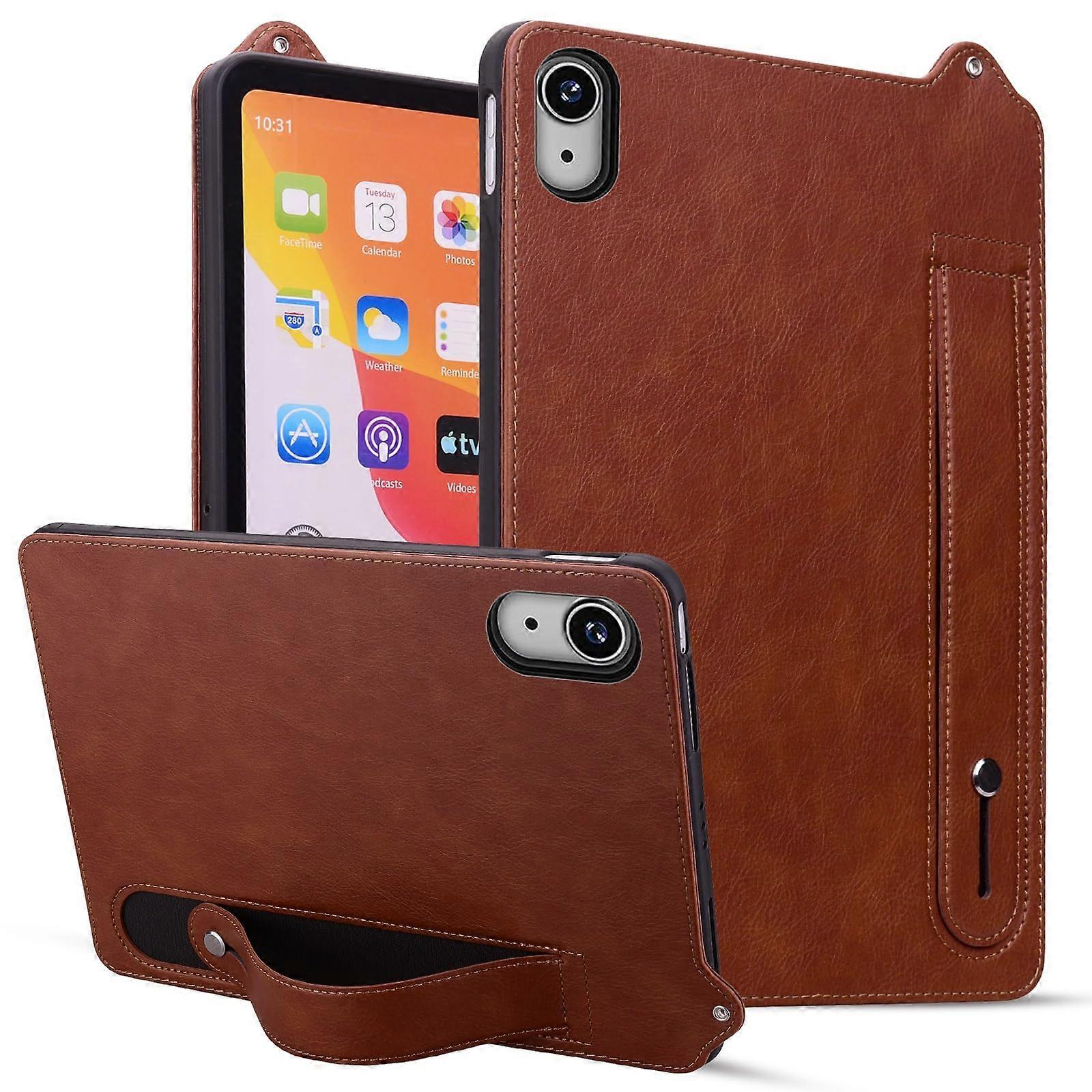 Leather Case Shockproof Drop Protection Stand with Hand Strap Brown for iPad Mini 6