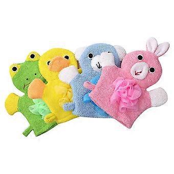 4-teiliges Set Duschhandschuhe mit lustigen Cartoon-Motiven: gelbe Ente, grün-rosa Hase, blauer Peelinghandschuh für die Beine. 25–26