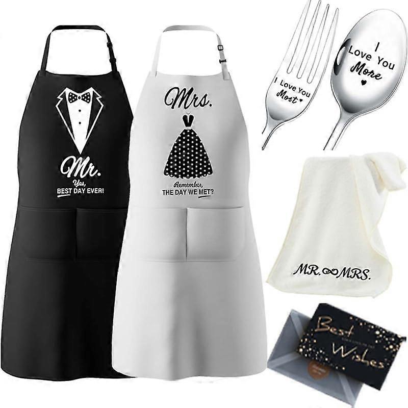 Mr and Mrs Apron Set with Pockets, Wedding Gift for Couples, 6pc Kitchen and Ring Dish Bundle