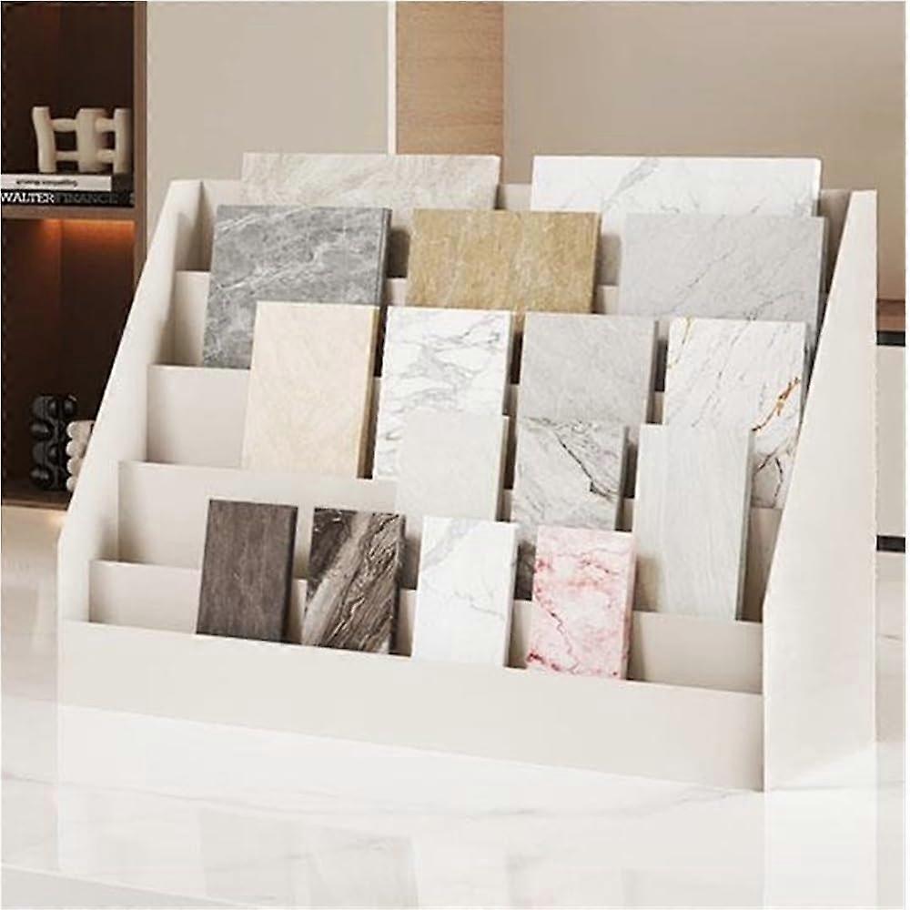 5 Tier White Tile Display Rack 66cm, Ceramic Tile Sample Holder with Stepped Design for Showroom