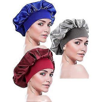 3 stk Sleep Cap Satin Bonnet Night Head Cover Sleeping Soft Hair Turban for kvinner og jenter (Silver Wine Red Royal Blue)