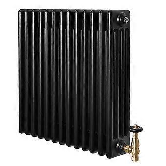Traditional 4 Column Radiator 600mm x 605mm & TRV Brass Valves Central Heating Heater Black Carbon