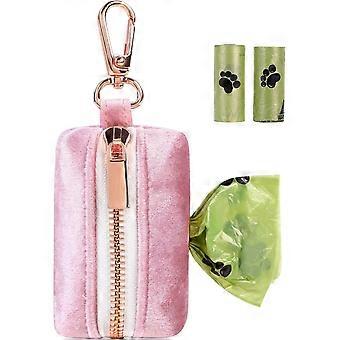 Velvet Dog Waste Bag Dispenser, Pink Doggy Poop Bags Holders Attach to Any Leashes, Portable Washable Pet Waste Pouch Dispenser with Metal Zipper