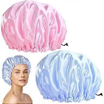 2-Piece Satin Nighttime Hair Cap, Reusable Shower Cap, Adjustable Bath Cap, Bathing Cap for Women, Double Layer, Waterproof, for Girls, Spa, Home, Sal