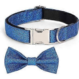 Dark Blue XS Glitter Bowknot Adjustable Self-Engraved Nylon Dog Collar