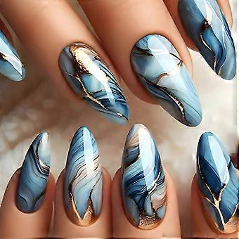 Blue Press on Nails Almond Medium Fake Nails Gold Quicksand Stick on Nails Glossy Shiny Glitter Glue on Nails Full Cover Acrylic False Nails Reusable