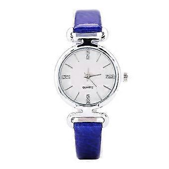 Women's Analog Quartz Watch Round Rhinestone Dial Alloy Case PU Strap Royal Blue Business Casual Timepiece