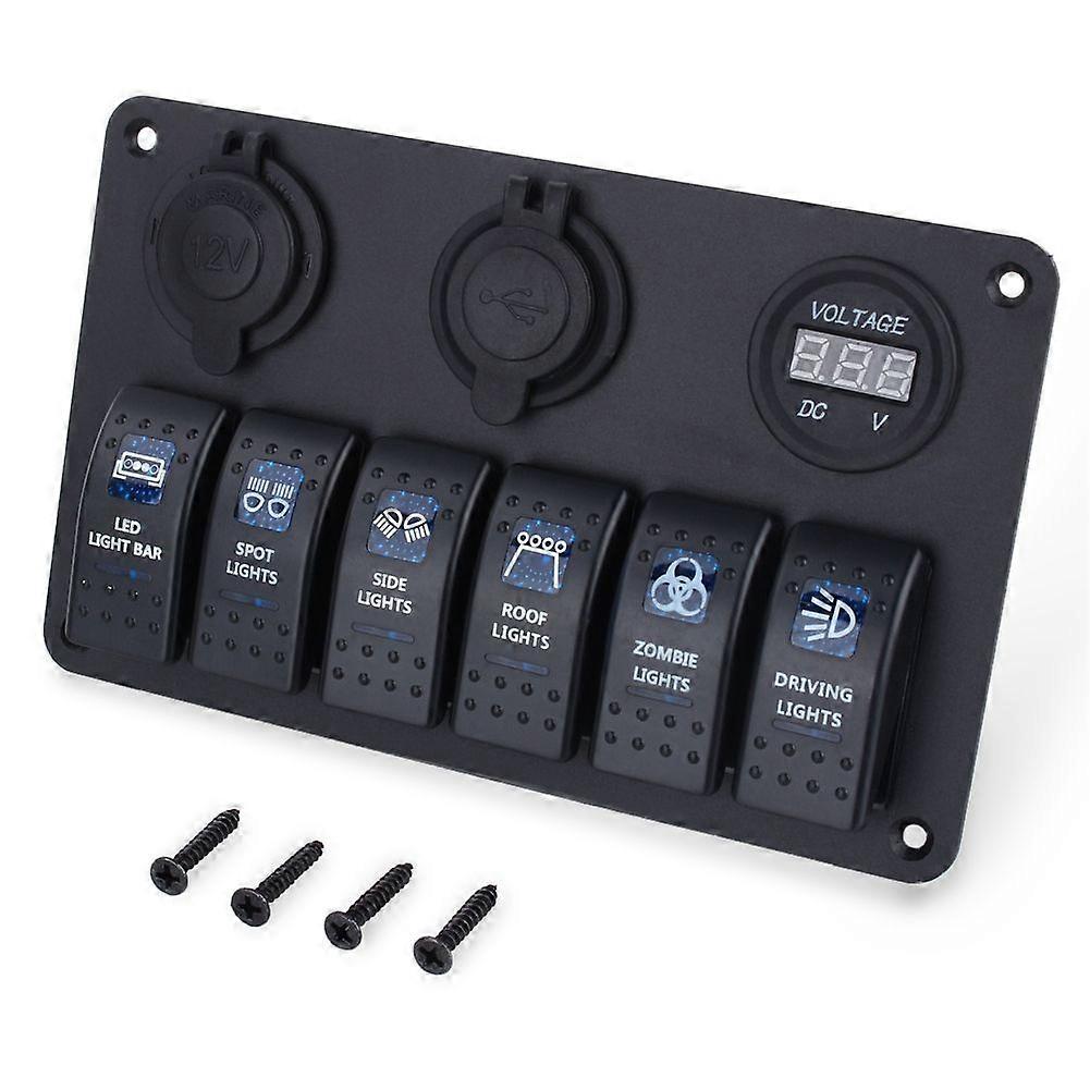 6 Way LED Car Boat Rocker Switch Panel   USB Socket   Cigarette Plug   Voltmeter